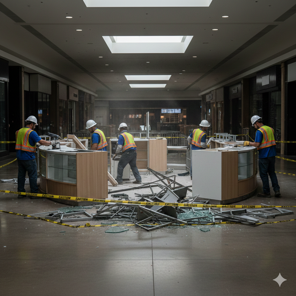 Процесс демонтажа торгового островка в торговом центре Алматы