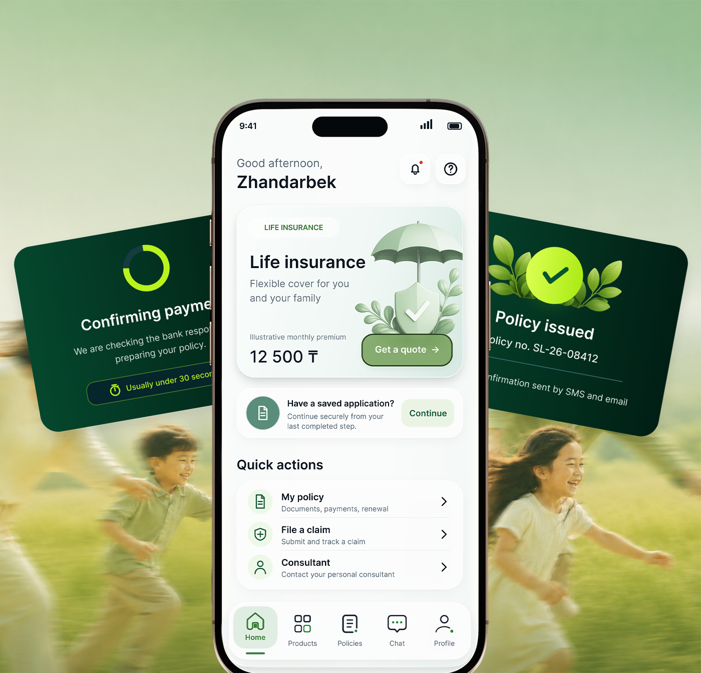 Standard Life mobile product screens for home, processing and confirmation