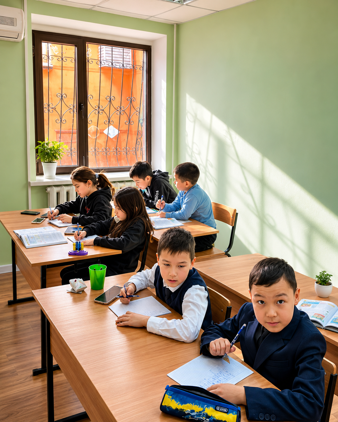 Школьник делает домашнее задание с педагогом на продлёнке в детском центре Sigma kids в Алматы, Самал-2
