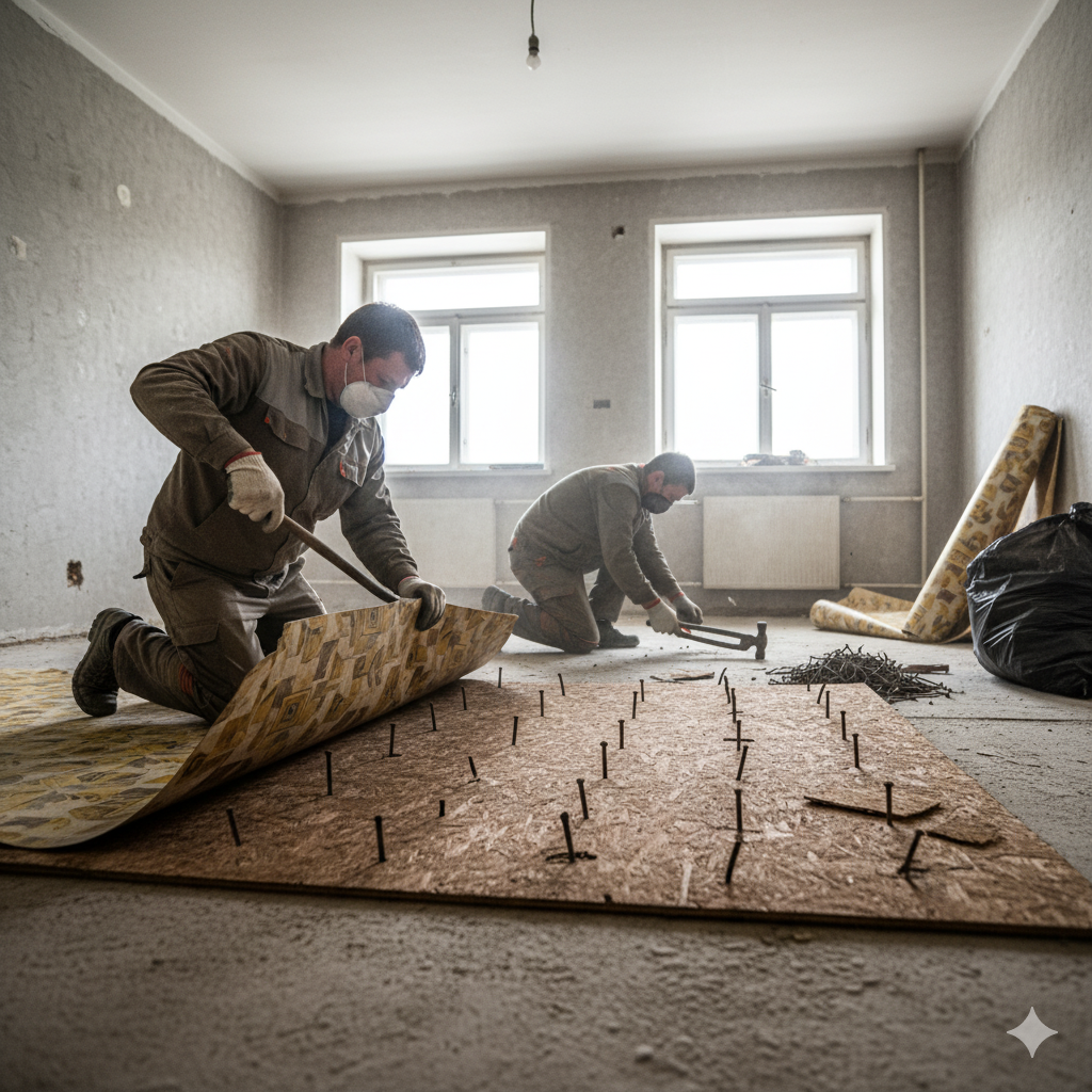 Демонтаж старого линолеума и подложки из ДВП