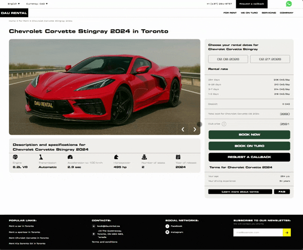Animated demo: car card with price updating by rental dates