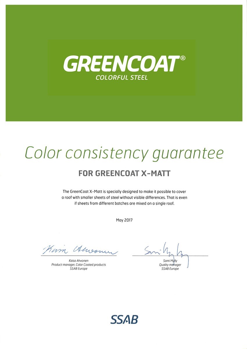 Сертификат SSAB о повторяемости цвета GreenCoat X-MATT