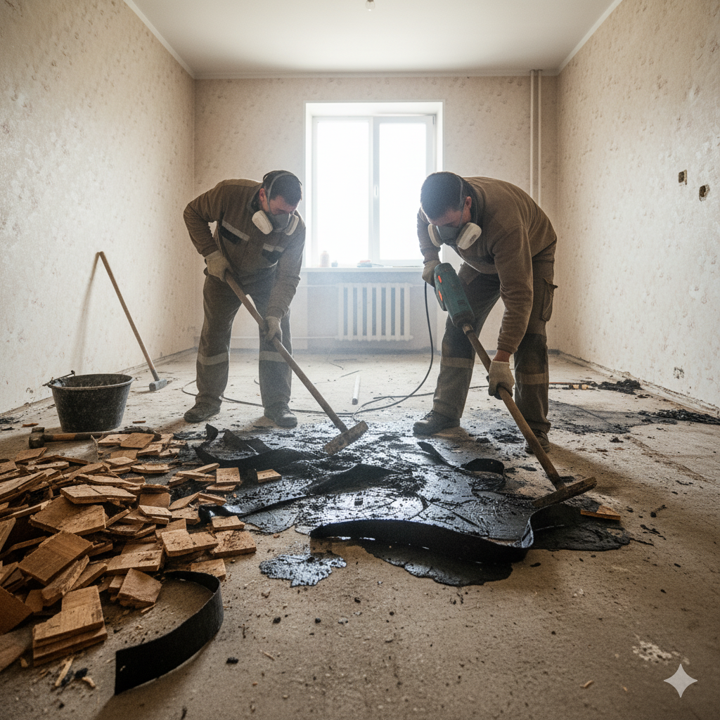 Сложный демонтаж старого паркета на битумной мастике