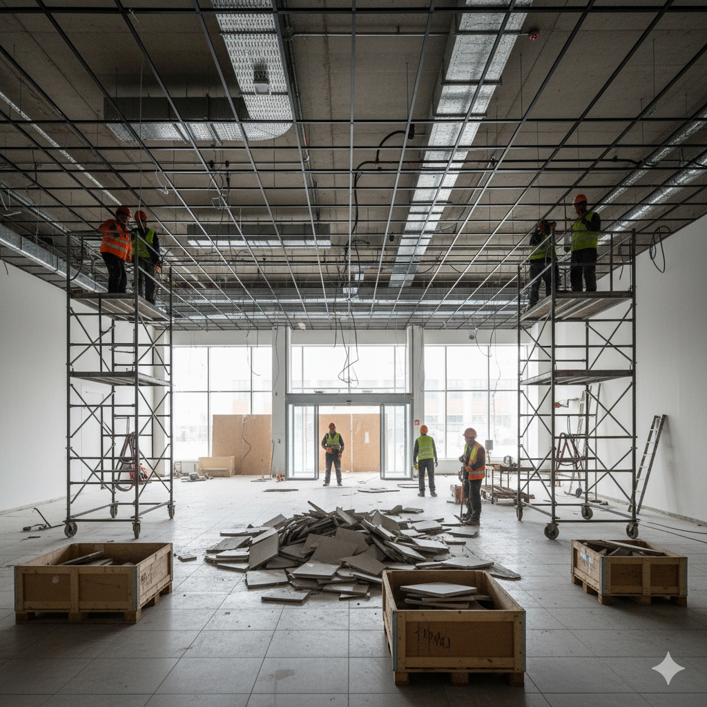 Снятие потолка 'Грильято' и плитки