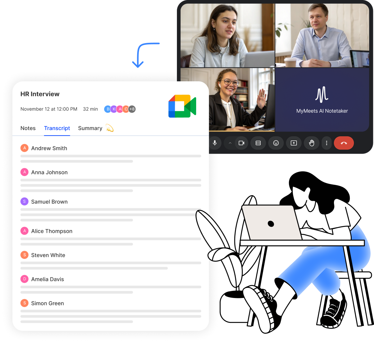 Automatically record and transcribe your Google Meet calls. MyMeets turns speech into text, highlights key moments, and generates structured notes. Save time on manual transcription – try it free!