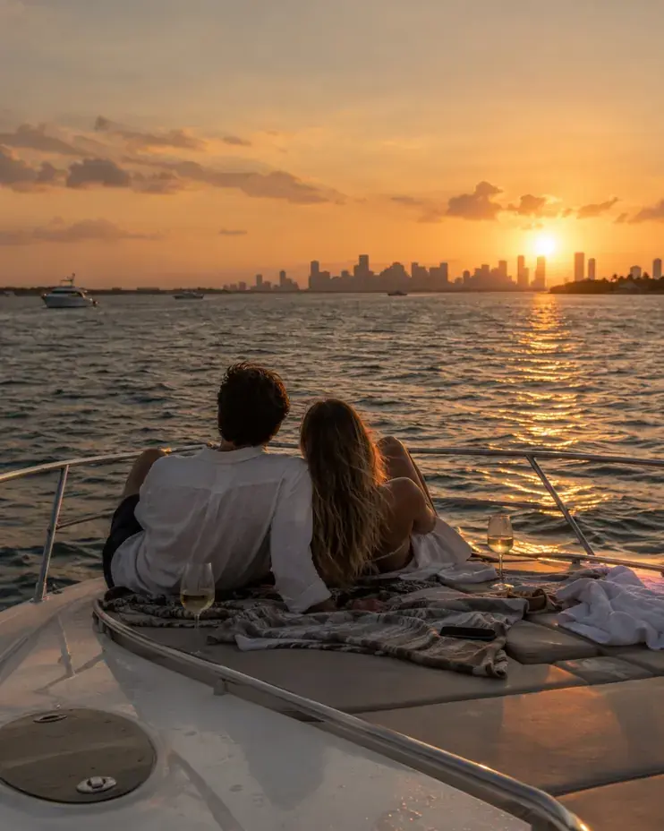Sunset yacht cruise on Biscayne Bay in Miami with the skyline