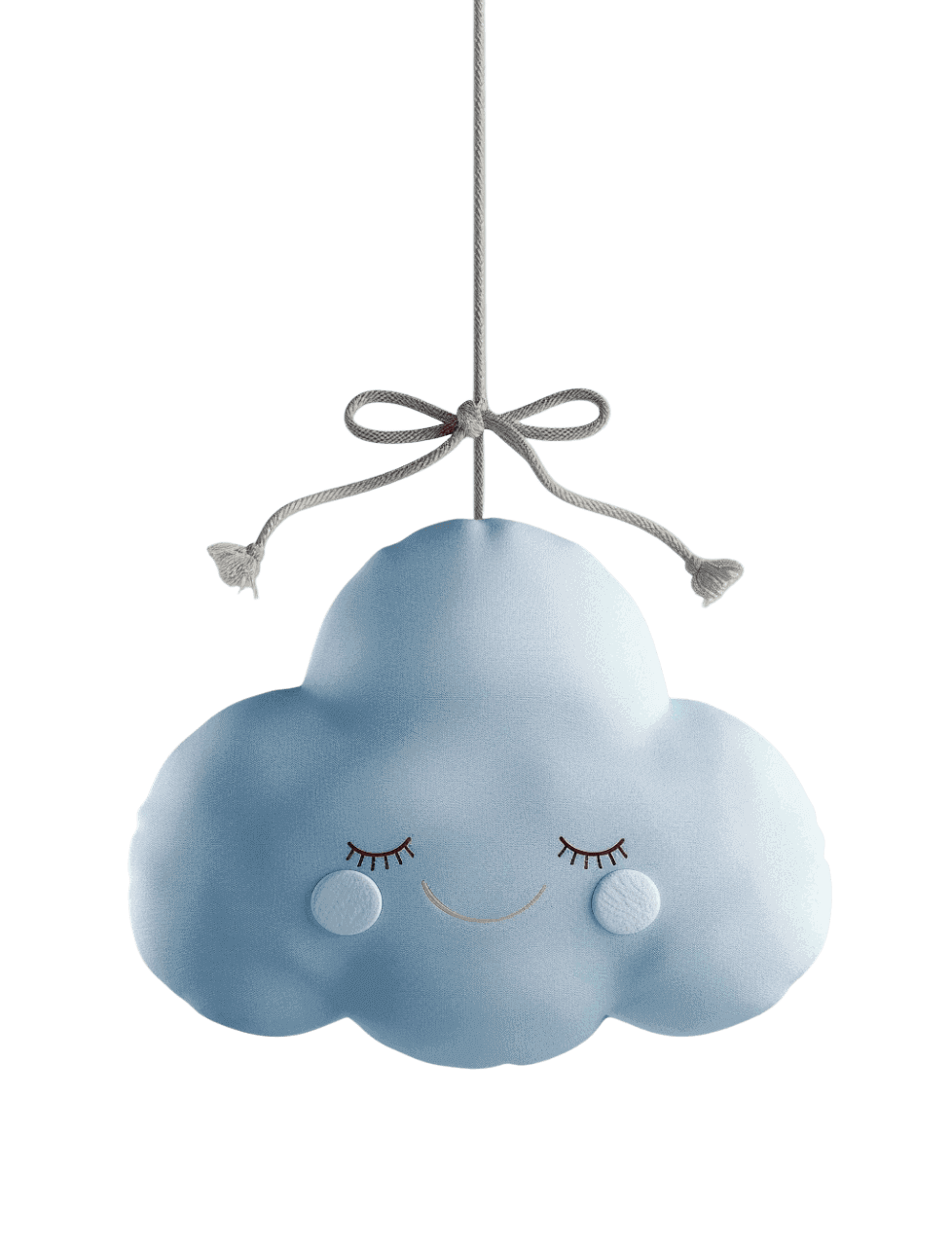 Нәзік көгілдір бұлт түріндегі жұмсақ ойыншық, сүйкімді жүзі күлімсіреп, қызғылт түсті, жіпке ілінген