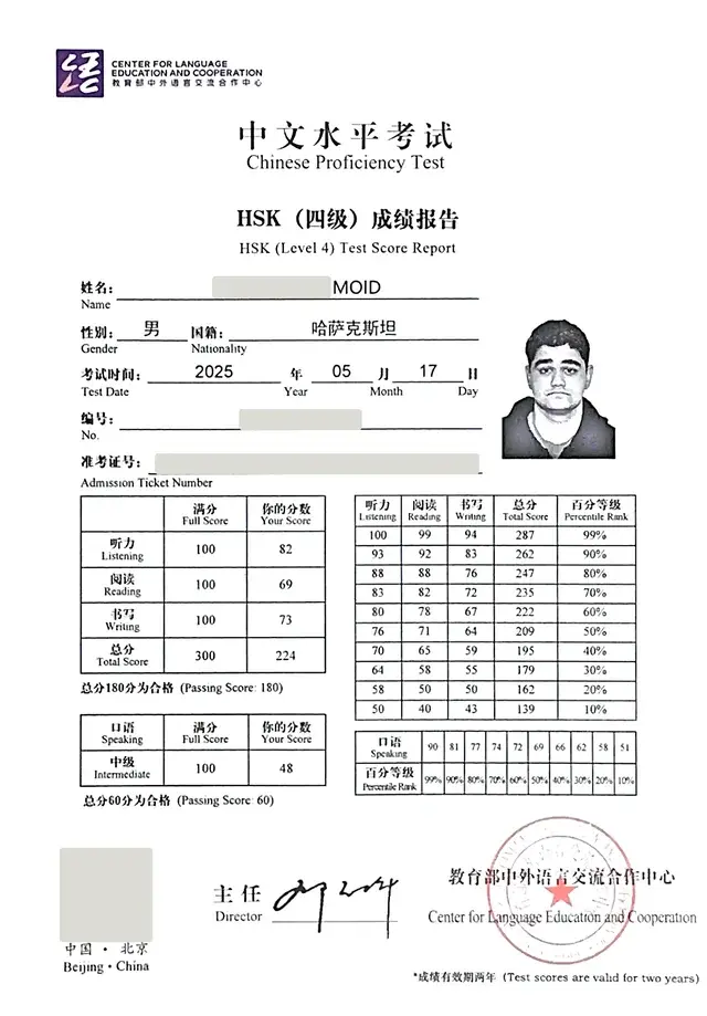 Сертификат HSK 4: Моид, 224 балла