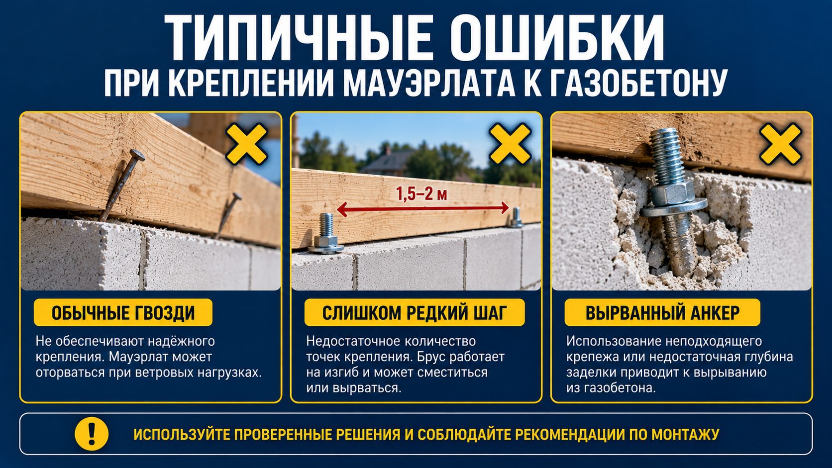 Ошибка при креплении мауэрлата к газобетону