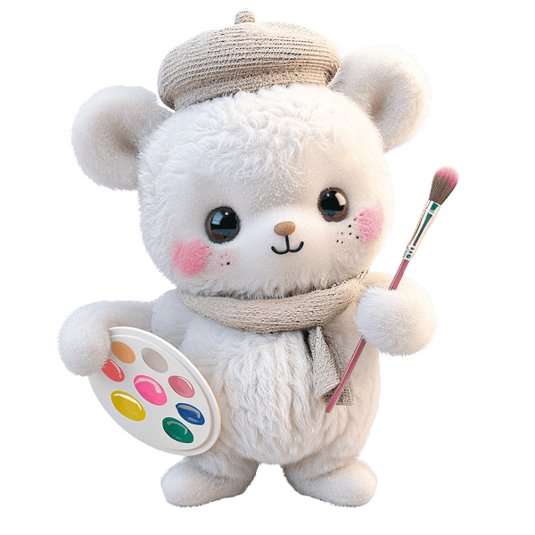 Қылқалам мен бояу ұстайтын қалпағы мен шарфы бар ақ аю түріндегі плюш ойыншық