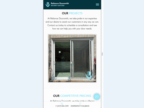 Animation de la page Projets de Reliance Doorsmith en version mobile