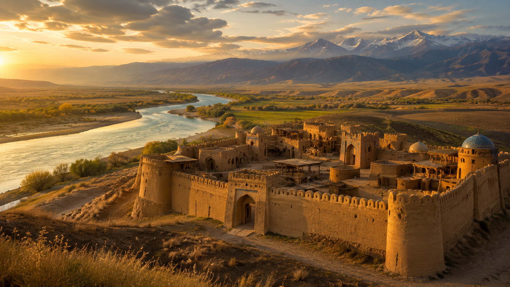 Nomad Fortress on the Ili River near Almaty, Kazakhstan, with steppe landscapes and panoramic river views