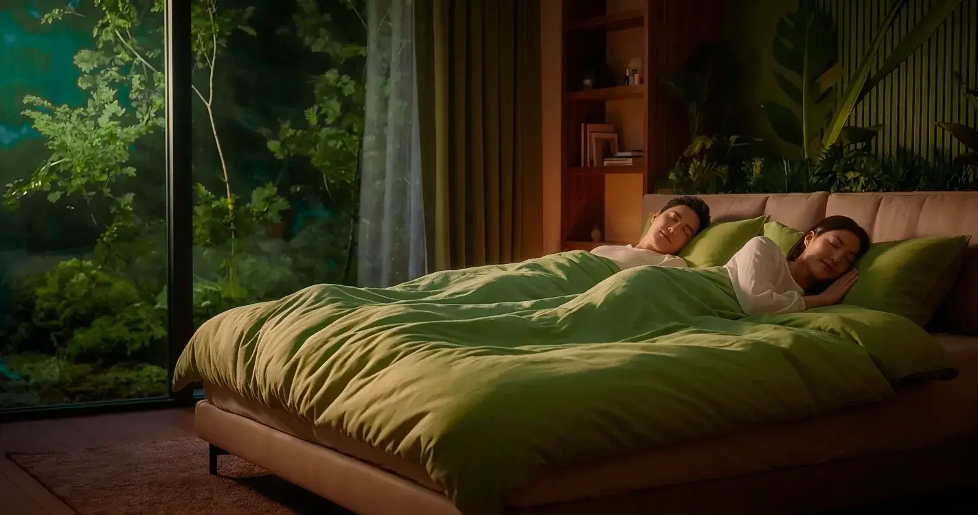 Пара спокойно отдыхает на кровати с мягким зелёным постельным бельём в уютной современной спальне с панорамным окном и видом на зелёные деревья ночью. Атмосфера уюта, свежести и гармонии подчёркивает философию бренда Райтон — комфортный и здоровый сон на ортопедических матрасах Райтон в Казахстане."`