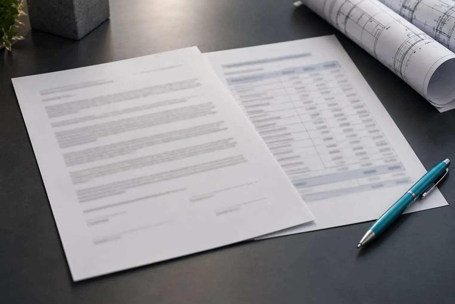 Construction contract and payment schedule on a desk