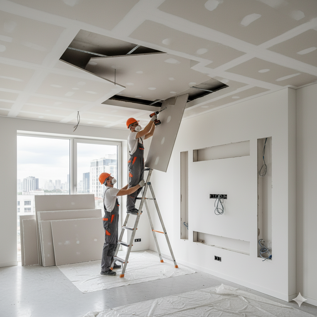 Демонтаж гипсокартонного потолка в зале