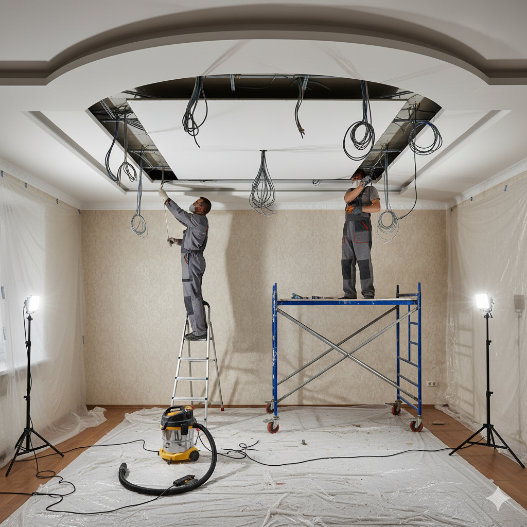 Демонтаж сложного комбинированного потолка из ГКЛ и натяжного полотна