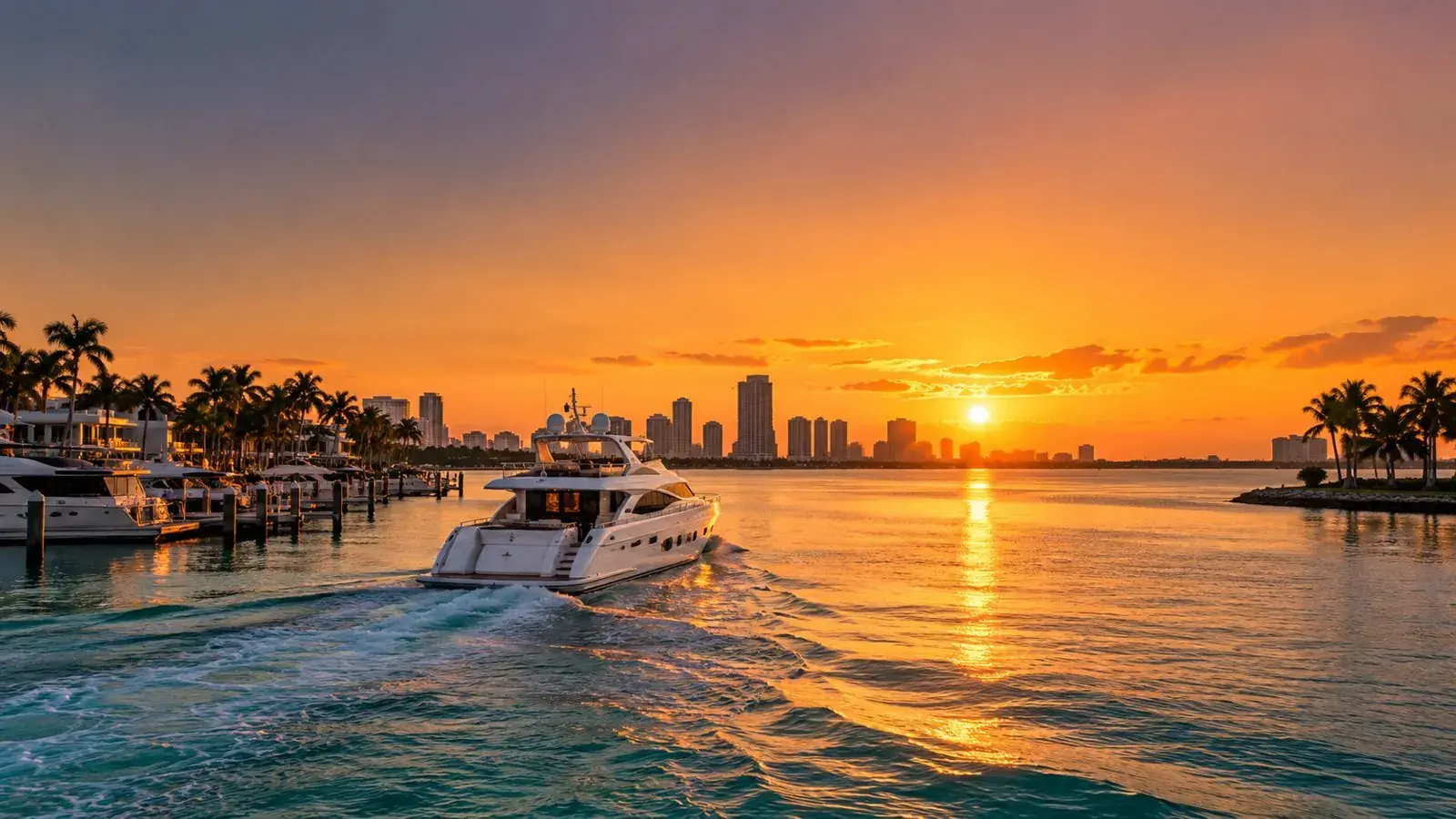 Yacht leaving a Miami marina at sunset with the skyline behind