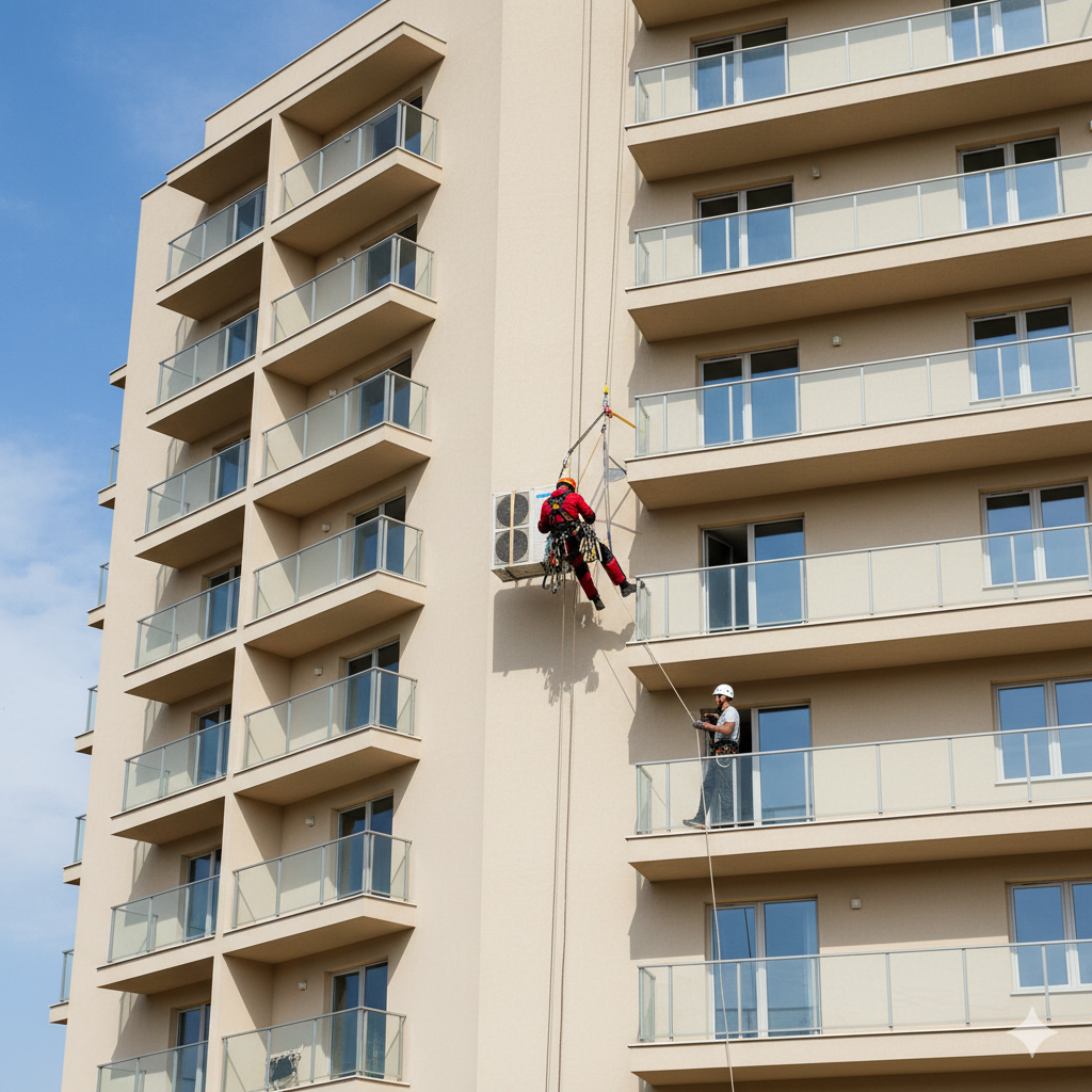 Демонтаж наружного блока на большой высоте