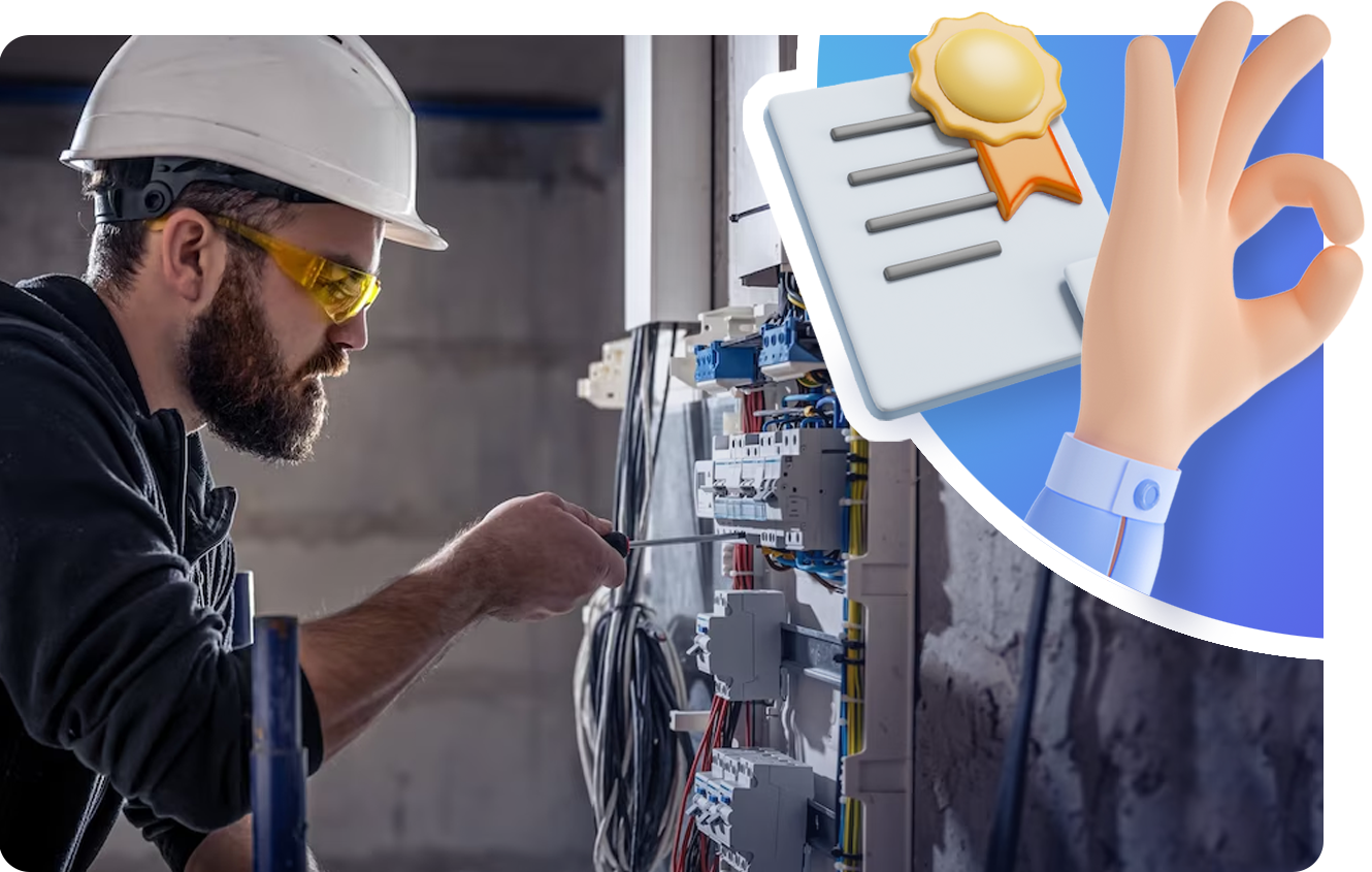 Электромонтажник компании "voltex" устанавливает автоматический выключатель в щит