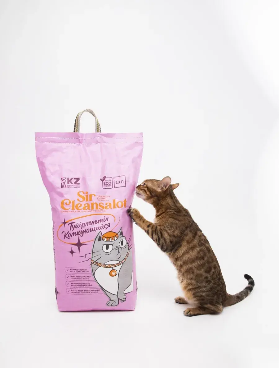 Кот рядом с упаковкой наполнителя Sir Cleansalot