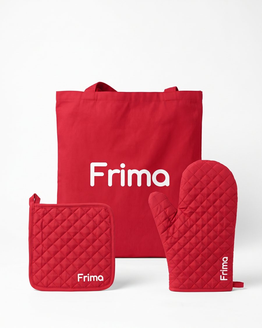 Красные стёганые прихватка и рукавица с логотипом Frima