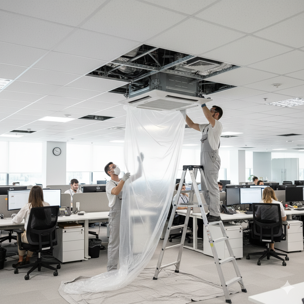 Демонтаж кассетного кондиционера в офисном потолке