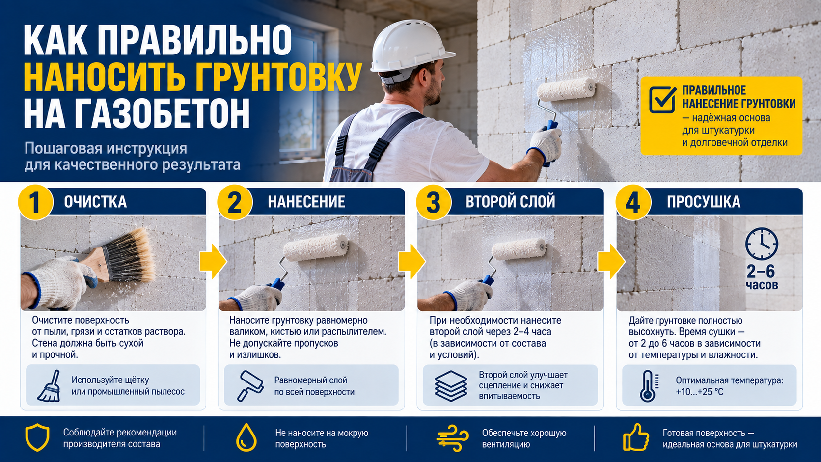 Нанесение грунтовки на газобетонную стену валиком