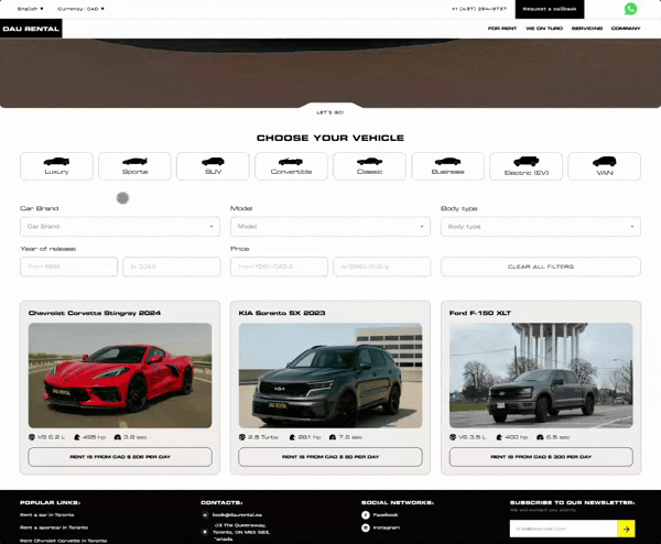 Animated demo: filtering the DAU Rental fleet by class and brand