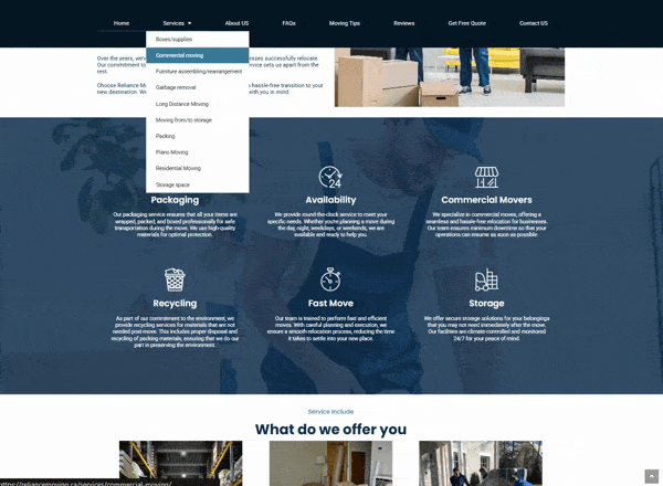 Animated navigation on the moving company website