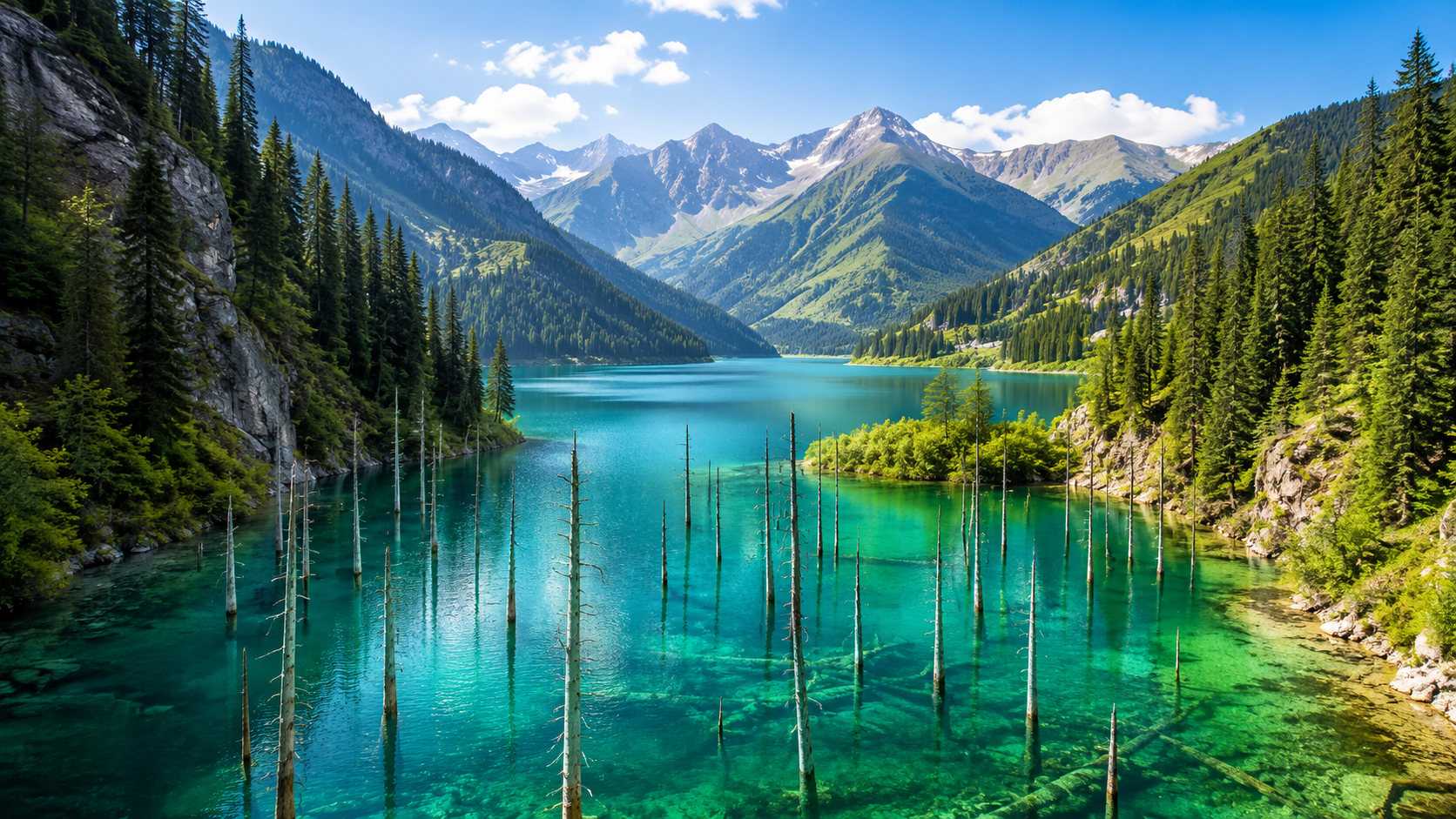 Kaindy Lake and Kolsai Lakes tour from Almaty with turquoise water, sunken forest, pine mountains and scenic landscapes in Kazakhstan