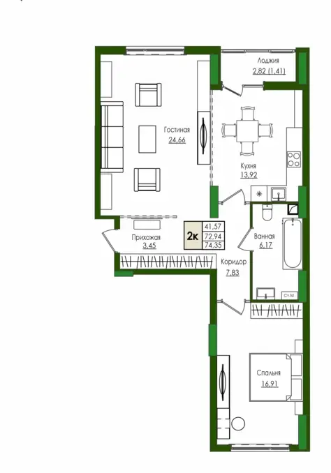 Планировка: Двухкомнатная квартира, 2 этаж, 74,35 м²