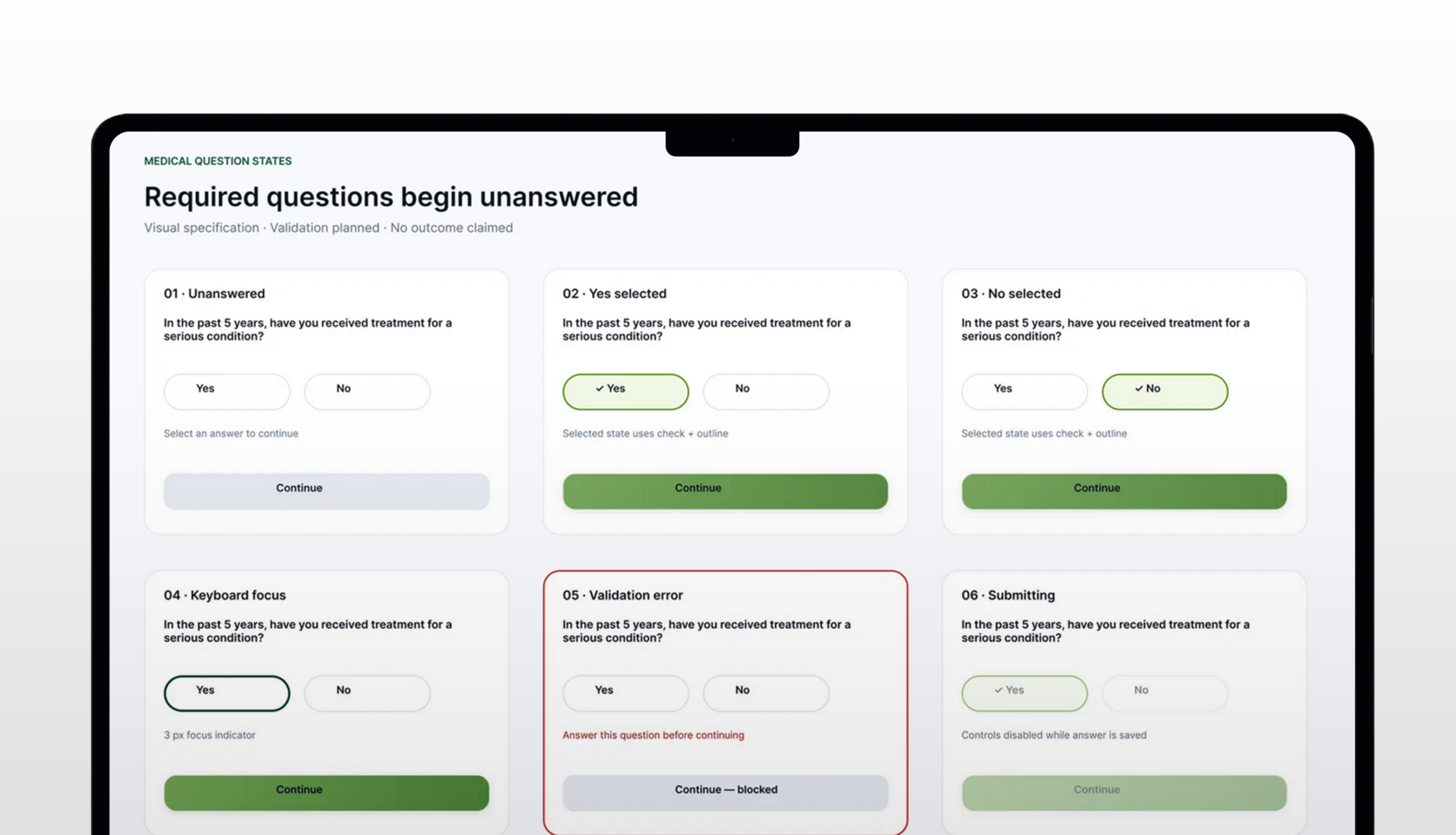 Medical question states displayed in a laptop mockup