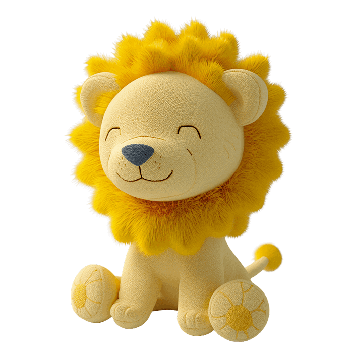 Ақшыл жүні бар күлімсіреп жатқан сары арыстан түріндегі жұмсақ ойыншық