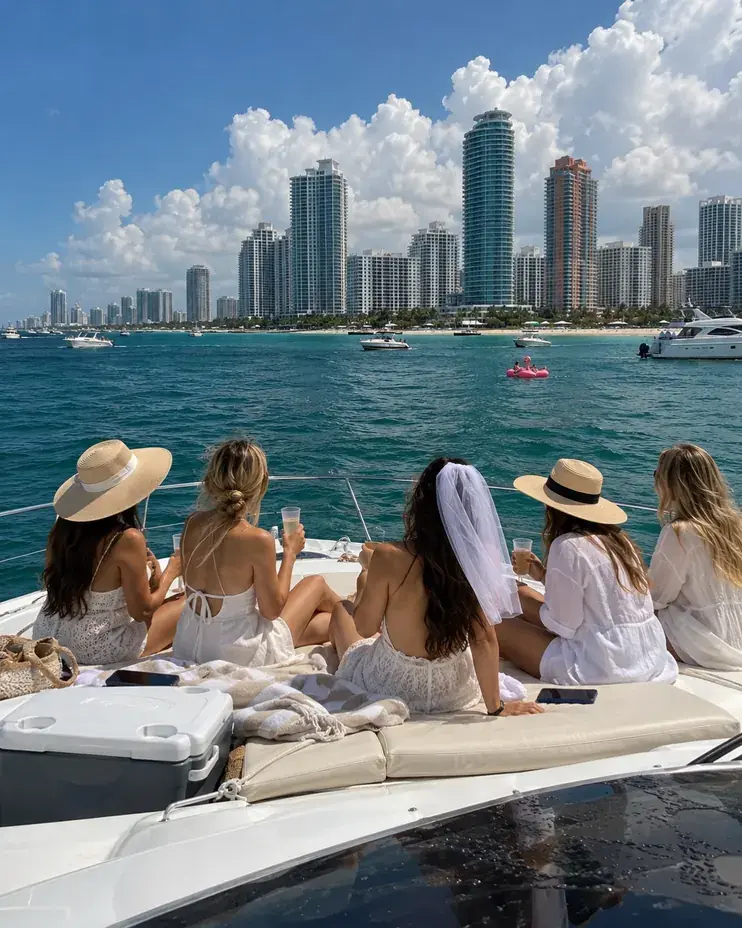 Bachelorette party yacht rental in Miami — friends on the sun pad