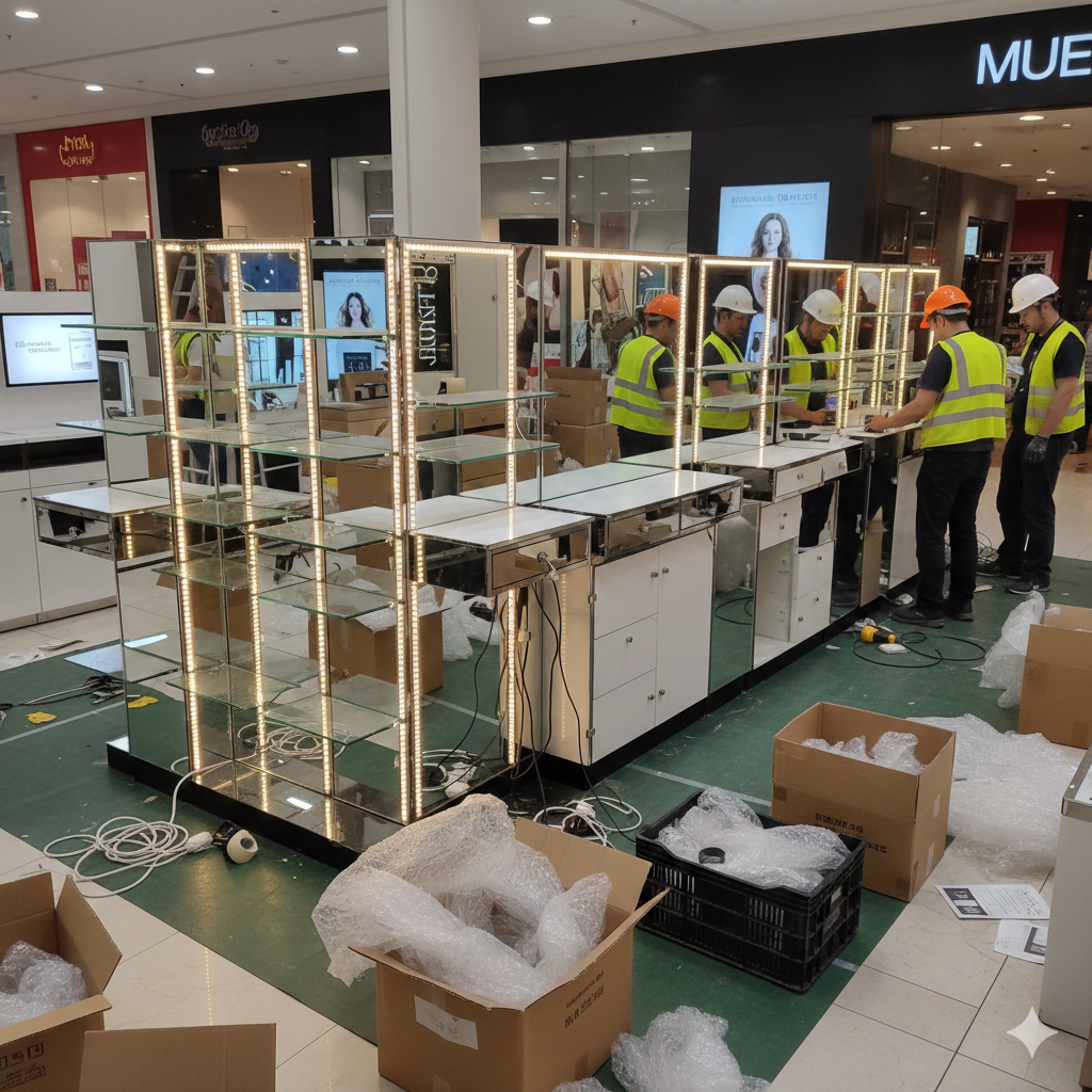 Демонтаж островка косметики с зеркалами