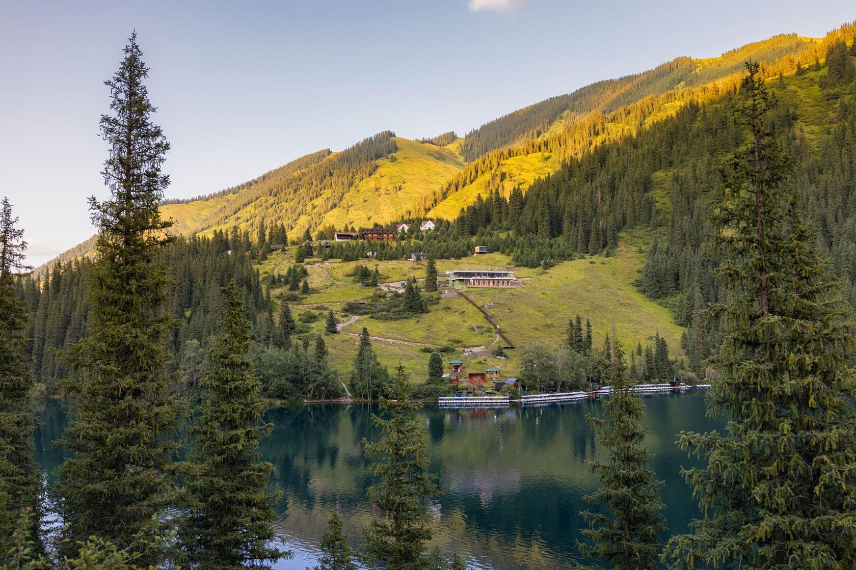 Kolsai lakeside lodge at golden hour
