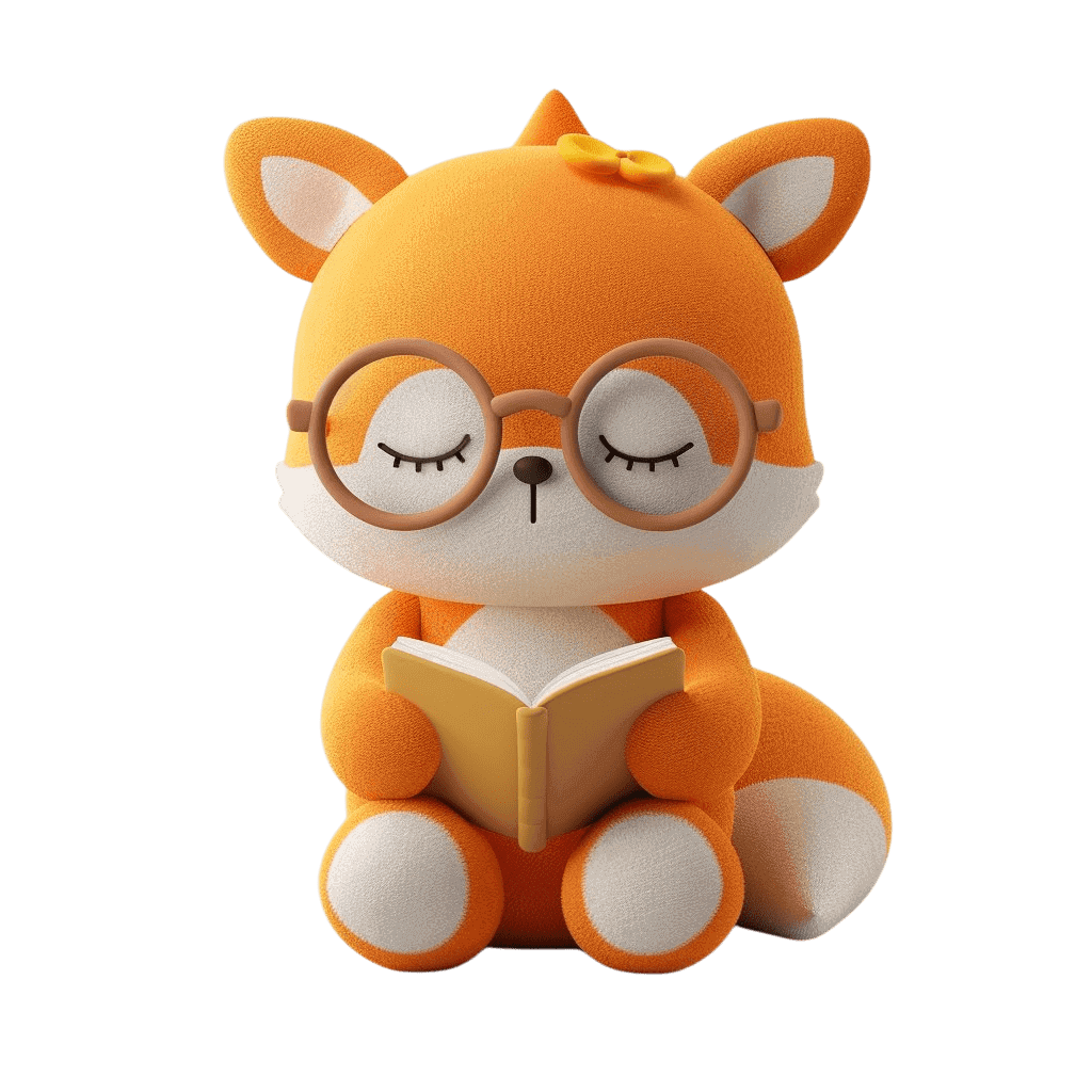 Кітап оқитын көзілдіріктегі қызғылт сары түлкі түріндегі сүйкімді жұмсақ ойыншық