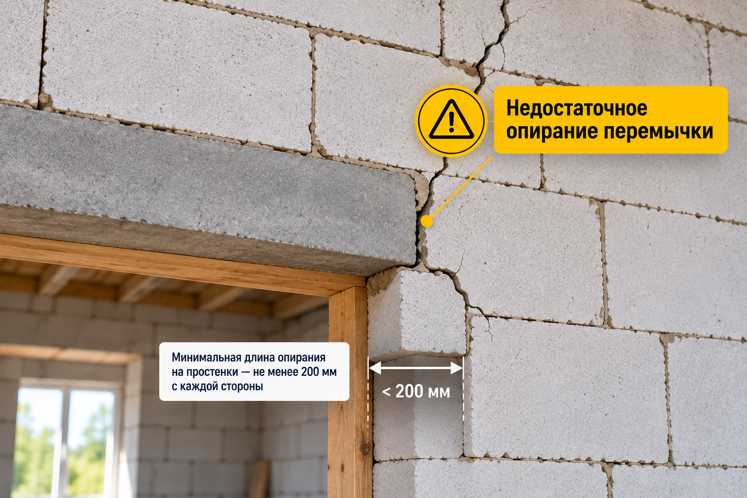 Ошибка при устройстве перемычки над проёмом из газобетона