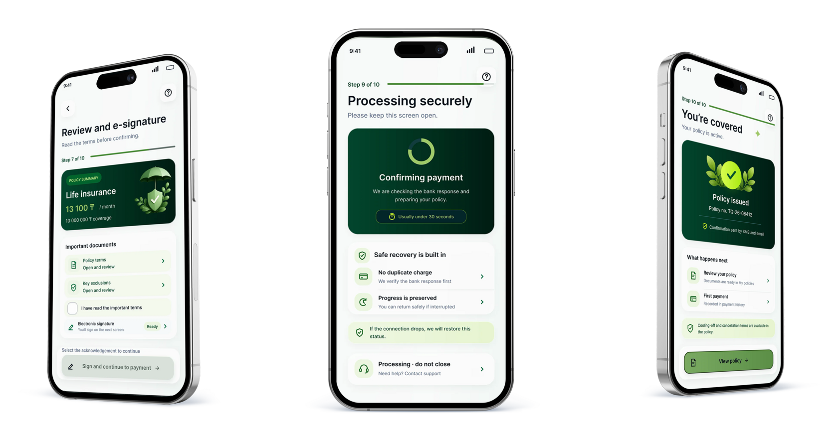 Review, payment processing and policy activation shown across three iPhone mockups