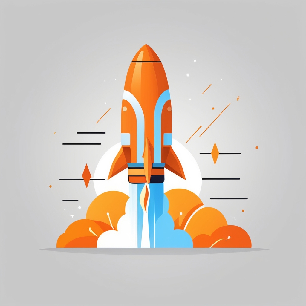 Запуск CRM-системы — оранжевая ракета на старте с огнём и дымом