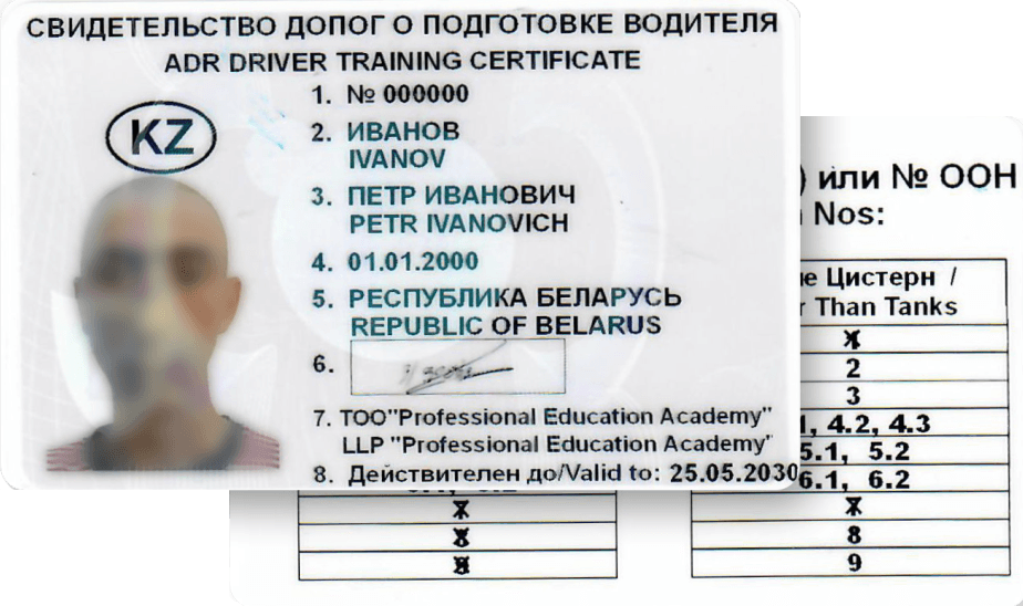Образец международного свидетельства ДОПОГ