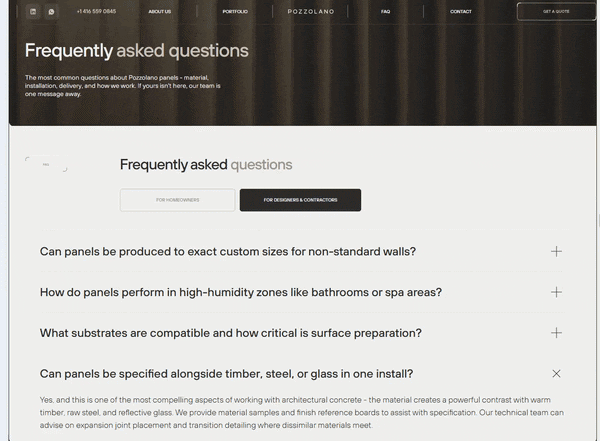 Animated FAQ page of the Pozzolano website