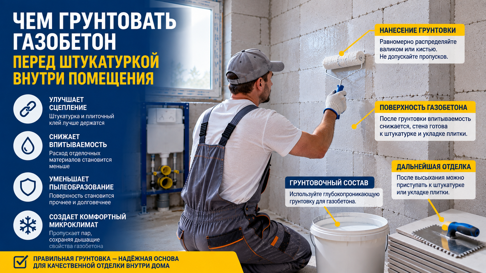 Грунтовка стены из газобетона внутри дома