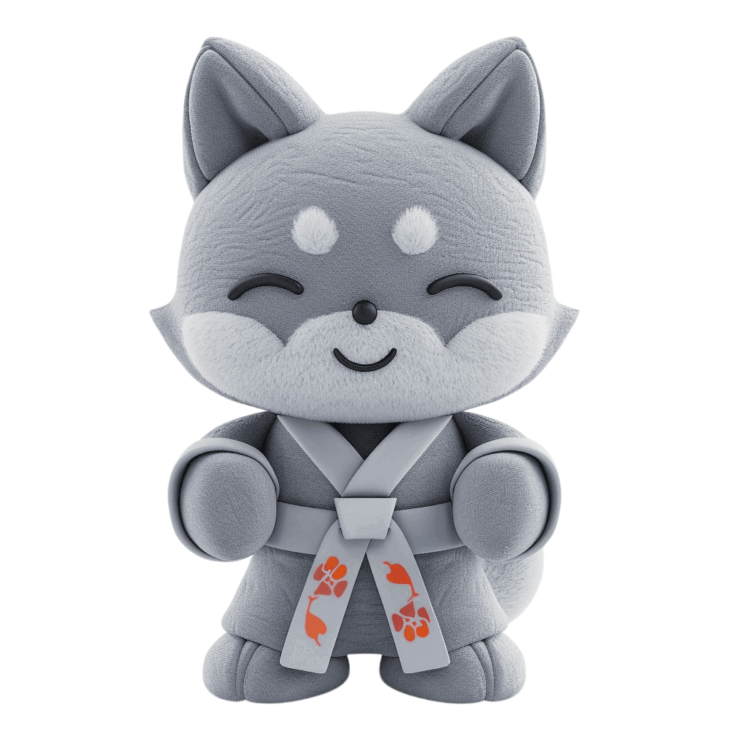 Мягкая игрушка в виде милого волка, который одет в кимоно для каратэ 