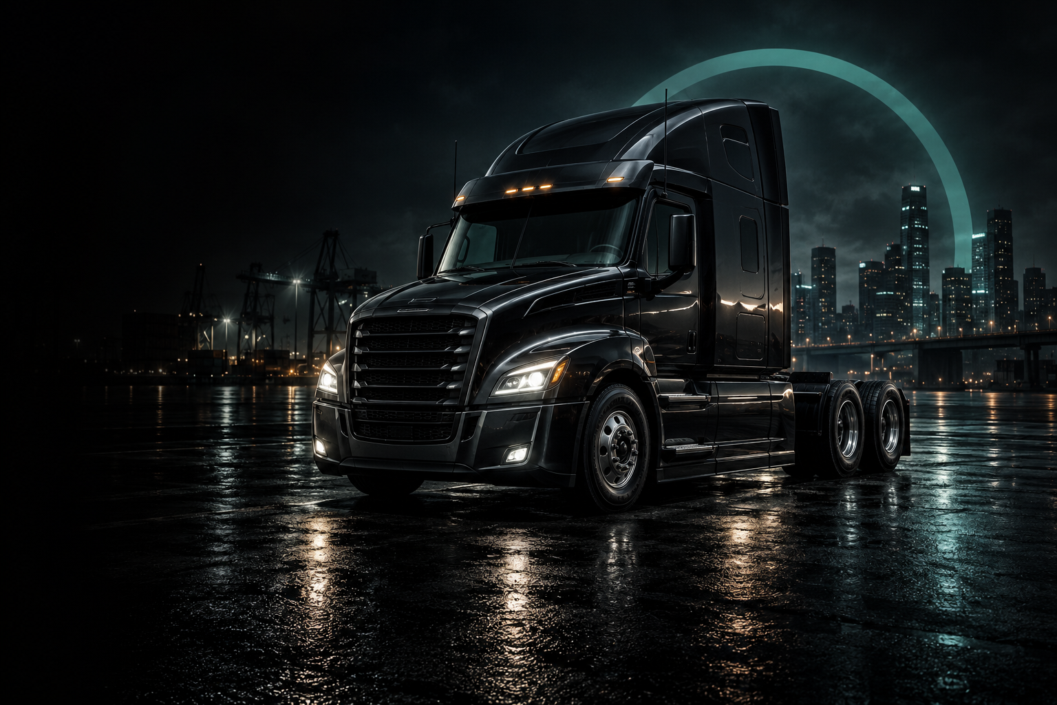 Чёрный коммерческий тягач на фоне ночного города