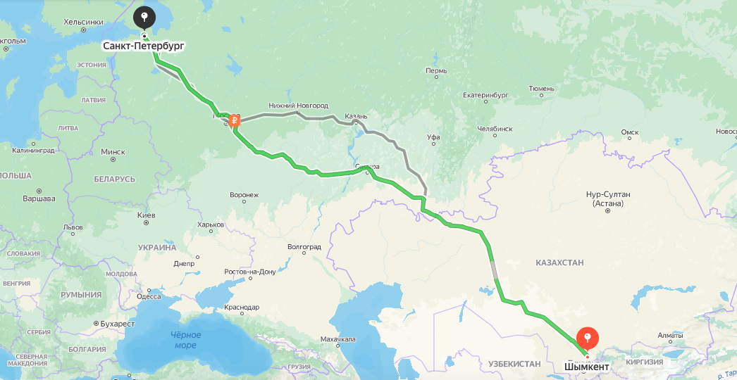 Грузоперевозки из Шымкента в Санкт-Петербург