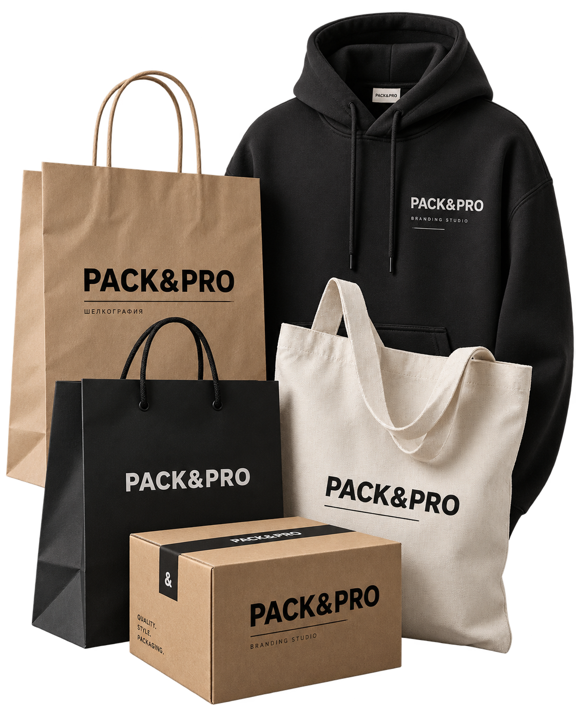 Продукция PACK&PRO: крафтовые пакеты, шоппер, худи и коробка с логотипом