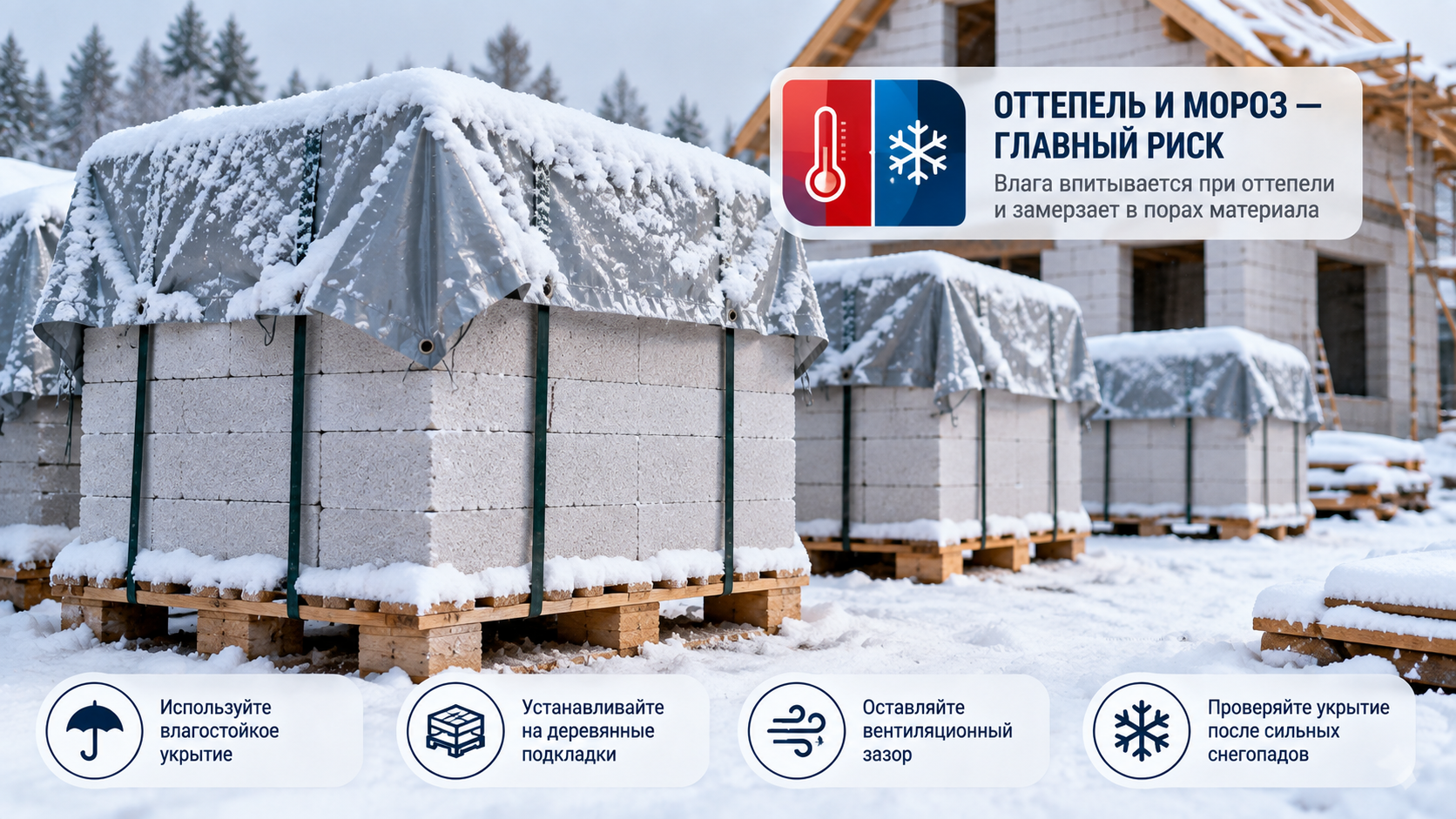 Зимнее хранение газобетонных блоков на улице