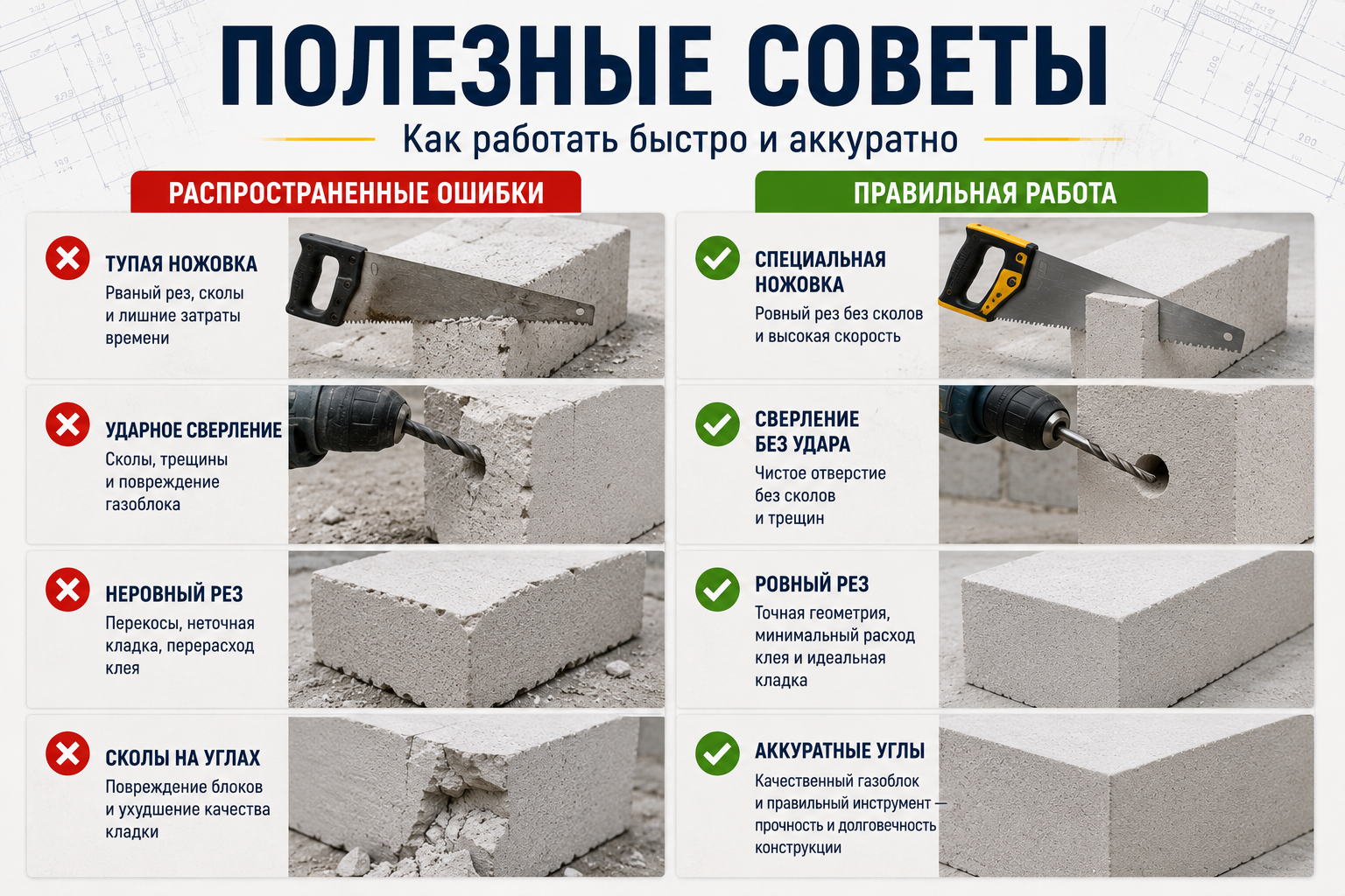 Полезные советы по резке, штроблению и сверлению газобетона