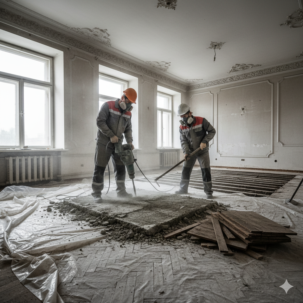 Демонтаж паркета и стяжки в зале сталинки